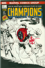 Champions 1 Dynamic Forces BW Exclusive John Cassaday Variant Cover signed and remarked by Ken Haeser_Deadpool head sketch