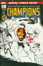 Champions 1 Dynamic Forces BW Exclusive John Cassaday Variant Cover signed and remarked by Ken Haeser_Iron Man head sketch