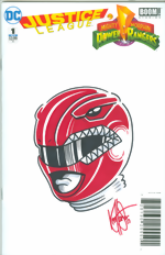 Justice League_Mighty Morphin Power Rangers_1_Limited Edition Blank Get-A-Sketch Edition Variant_signed & remarked by Ken Haeser with a Red Power Ranger